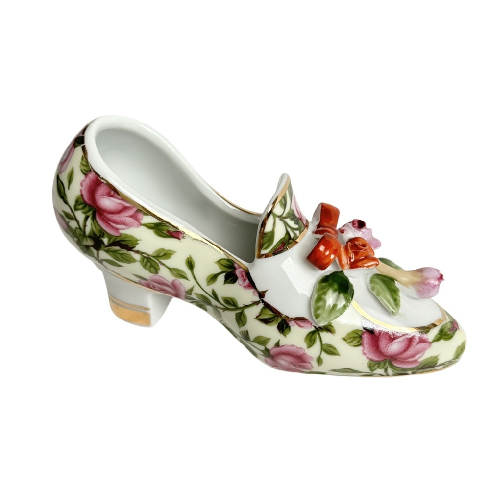 Vintage Floral Fine Porcelain Miniature Women's Shoe Country Rose Pattern